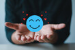 © MrPanya - Blue smiling face mobile, happy, relax, satisfaction survey, customer service, positive, good, children health, hospital, world mental health day concept