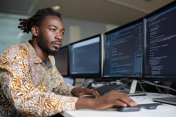 A man with dreadlocks is sitting in front of a computer with a keyboard and a mouse. He is typing on the keyboard and looking at the computer screen