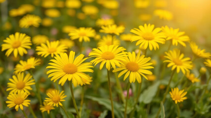 Wall Mural - Bright yellow daisy flowers bloom vibrantly in sunlit garden, creating cheerful and lively spring atmosphere. lush green leaves add contrast to vivid petals