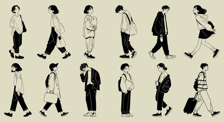 Wall Mural - stylish monochrome walking characters, element vector set
