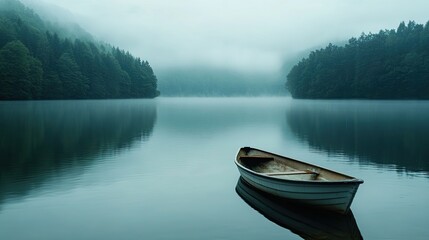 Naklejka na meble Serene Boat Floating on a Calm Lake Surrounded by Nature for Tranquil Water Photography.