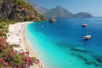 Fototapete - Turquoise beach with mountains