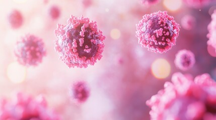 Wall Mural - microscopic view of pink cells floating in a soft light background.