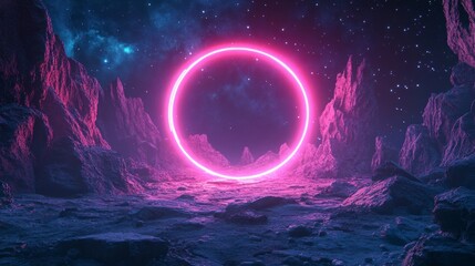 Wall Mural - pink neon ring in an alien landscape with starry sky and rocky mountains.