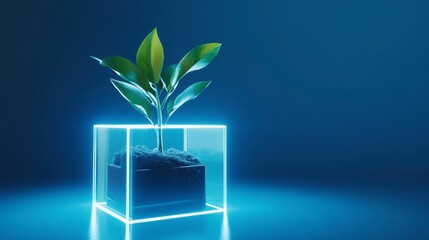 Wall Mural - small plant in glowing cube, dark blue background.
