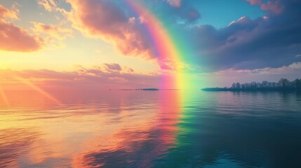 Wall Mural - vibrant sunset rainbow reflected on calm water.