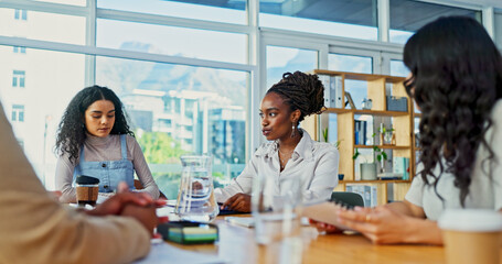 Aufkleber - Boardroom, collaboration and meeting with business woman in office for discussion or planning. Creative, design and project management with employee team in workplace for feedback or strategy