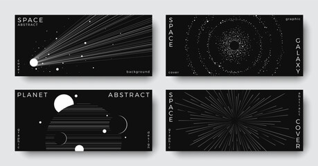 Wall Mural - set of abstract space astronomy horizontal backgrounds. line art galaxy, meteorites, planet, black h