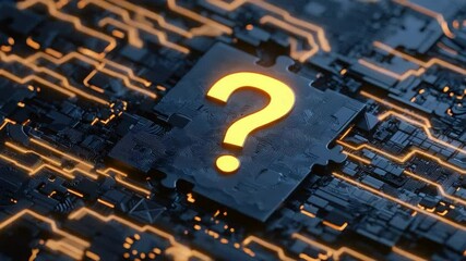 Wall Mural - high-tech background with glowing question mark on a circuit board pattern, digital concept of inqui