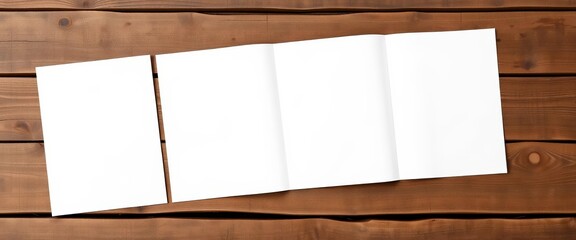Wall Mural - Blank brochure sheets on rustic wooden surface, flat lay mockup, stationery, natural