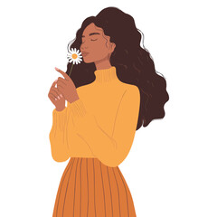 Wall Mural - woman portrait smelling one small daisy flower in her hand illustration yellow style vector