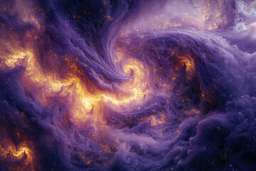 Poster - A stunning nebula artwork featuring swirling purple clouds illuminated by radiant golden light, creating a captivating cosmic scene.