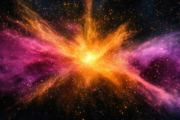 Poster - Vibrant, exploding nebula with orange and pink hues against a backdrop of starry space, radiating energy and cosmic beauty.