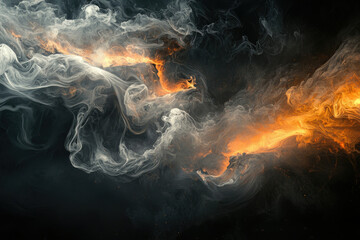 Poster - Abstract artwork featuring swirling white smoke intertwined with vibrant orange flames against a dark, textured background, creating a dynamic and ethereal composition.