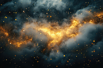 Poster - A captivating, ethereal scene with golden light illuminating swirling smoke and sparkling dots against a dark, moody background reminiscent of deep space.