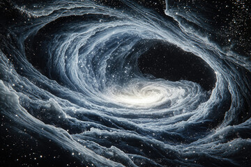Poster - A swirling, cosmic vortex of textured clouds and stardust leads to a bright, central source of light in deep space.