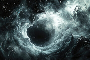 Fototapete - Abstract vortex of swirling celestial matter, featuring a dark central void surrounded by ethereal, luminous waves and cosmic dust.