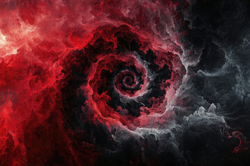 Poster - A swirling vortex of red and gray clouds, spiraling into an abstract cosmic dimension with a dark and ethereal feel.