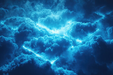 Poster - Dramatic blue clouds are pierced by bright, geometric lines, creating a futuristic and ethereal atmosphere in the sky.