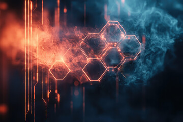Poster - Abstract digital art with glowing red-orange lines, hexagon shapes, and blue smoke against a dark background, suggesting technology and futuristic concepts.