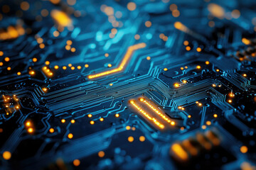 Poster - A detailed close-up of a blue circuit board with glowing orange connection points illustrating technology and electronic networks in a modern and abstract style.