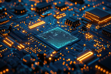 Poster - A detailed and artistic close-up of a glowing circuit board with intricate pathways and components signifying high-tech innovation and technological advancement.
