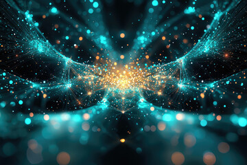 Poster - Abstract network of interconnected nodes and glowing particles in blue and gold, suggesting technology, data, and connectivity.