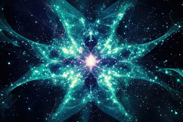 Poster - An ethereal illustration featuring swirling turquoise energy, celestial sparkles, and a luminous central core against a dark backdrop, evoking a sense of cosmic wonder.