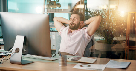 Fototapete - Man, relax or computer with rest for done, finished tasks or job completion at office desk. Businessman, employee or break on technology for productive day, performance or free time at workplace