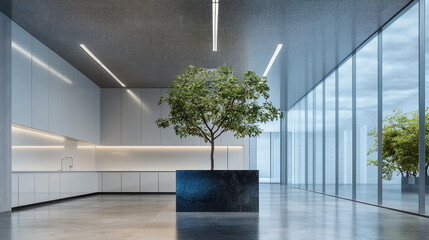 Poster - modern minimalist kitchen featuring sleek cabinetry, central tree planter, and large glass windows that invite natural light, creating serene and inviting atmosphere