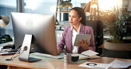 Poster - Reading, computer and business woman on tablet for online project, proposal and website research. Office, financial consultant and person on digital tech for planning budget, report or finance review
