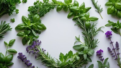 freshly picked herbs displayed within a herb frame on a background