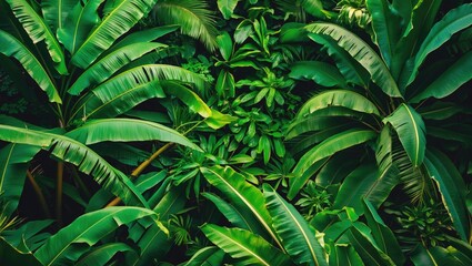 Poster - Banana leaf texture in a tropical setting with lush palm foliage as a natural background