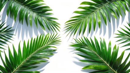 Coconut palm fronds and lush green tropical leaves on a white background