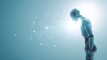 ai robot silhouette facing hologram digital screen, light blue to white gradient background