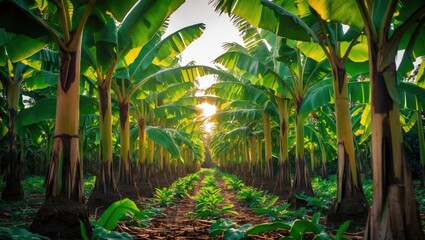 Poster - Banana plantation in natural daylight with aligned banana trees