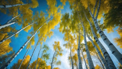 Poster - Autumn birch trees with yellow leaves against a blue sky, viewed from below at treetops.