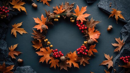 Aufkleber - Autumn scene featuring a floral and berry wreath on a dark background, top-down view with space for layout.