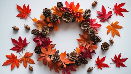 Aufkleber - Fall table arrangement with wreath of leaves, pine cones, and anise star, flat lay, top view with empty space