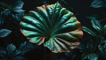 Intricate green leaf pattern with natural dew and spiderweb details