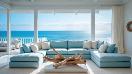 Poster - Bright and airy coastal interior featuring a light blue sectional sofa, whitewashed materials, and large windows overlooking the sea