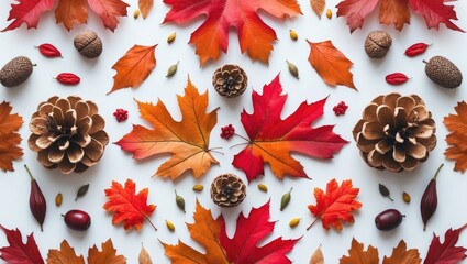 Aufkleber - Autumn-themed arrangement with dried leaves, flowers, and berries on a white background from a top view