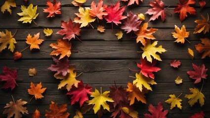 Aufkleber - Autumn foliage with vibrant leaves on a wooden backdrop
