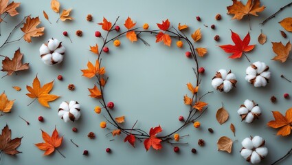 Aufkleber - Fall-themed flatlay with dried leaves, flowers, and branches on pastel background