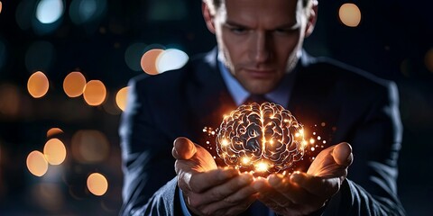 Poster - Businessman in Suit Holding a Glowing Brain with Light Trails on a Dark Background, Symbolizing Innovation and Creativity in the Modern World