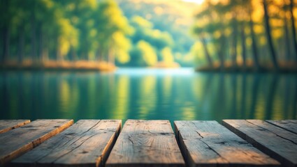 Wall Mural - wooden tabletop overlooking a blurred green forest and lake or swamp. fresh and relax concept. ideal
