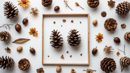 Aufkleber - Natural autumn arrangement with pine cones and berries in a flat lay, top view