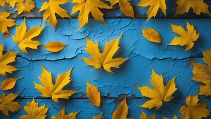 Aufkleber - Autumn foliage flatlay with abstract leaf pattern on wooden table background