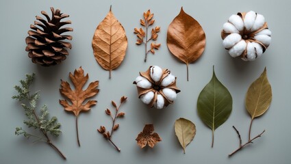 Aufkleber - Fall floral arrangement with eucalyptus branches on pastel gray background for flatlay design