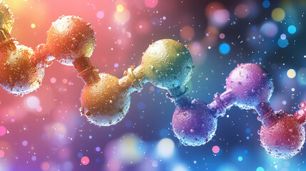 Aufkleber - Colorful molecular structure with water droplets, representing science and chemistry, set against vibrant background of bokeh lights